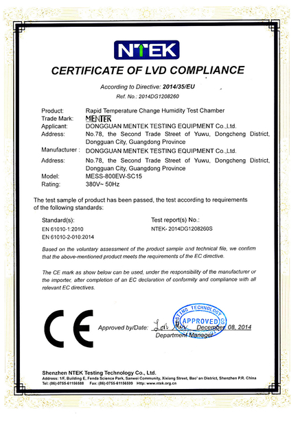Κίνα Dongguan MENTEK Testing Equipment Co.,Ltd Πιστοποιήσεις